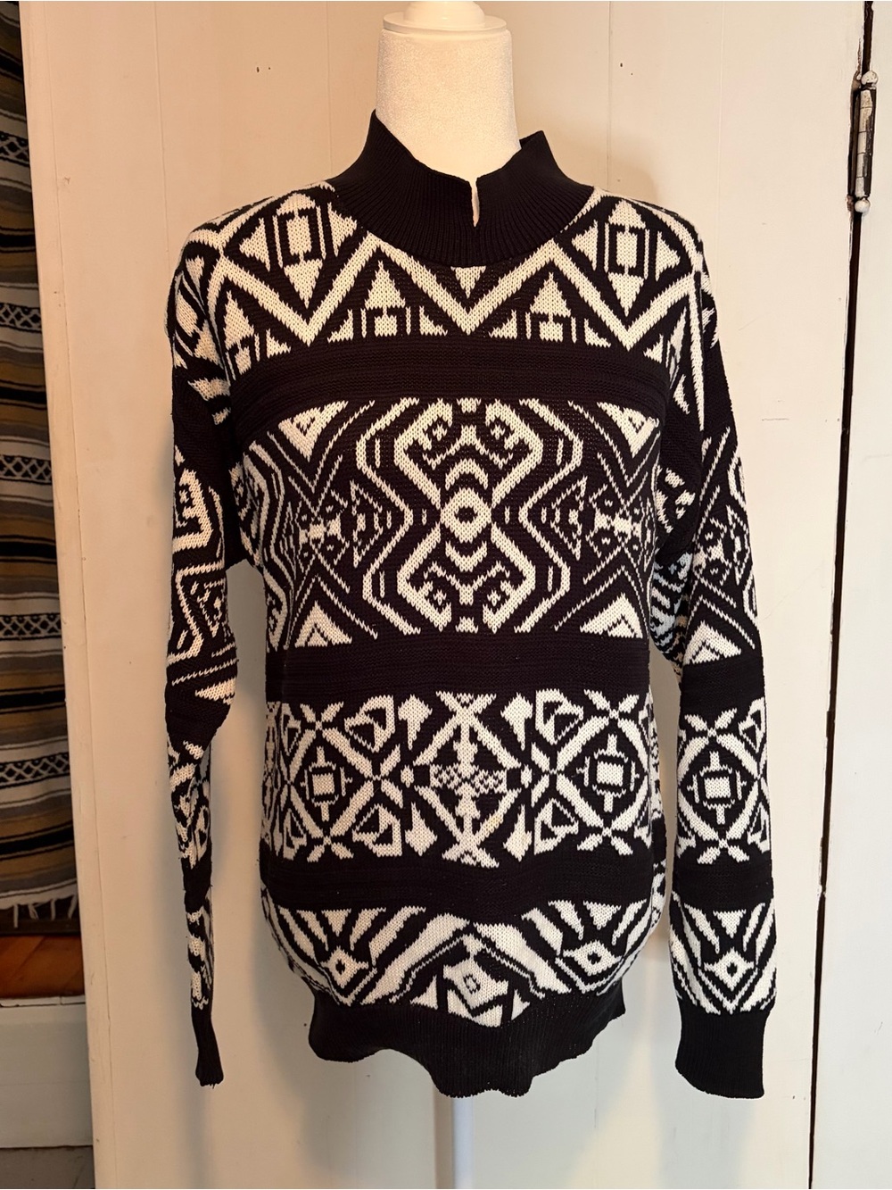 Vintage Southern Lady black and white geometric patterned mock neck sweater